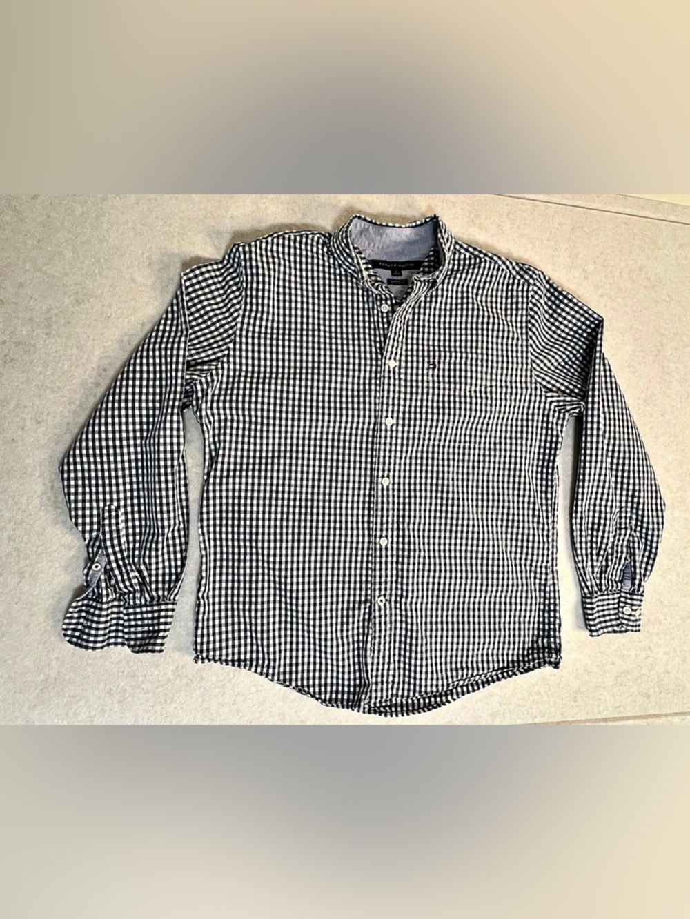 Tommy Hilfiger Navy Blue White Gingham Long Sleeve Button Down Shirt Medium M